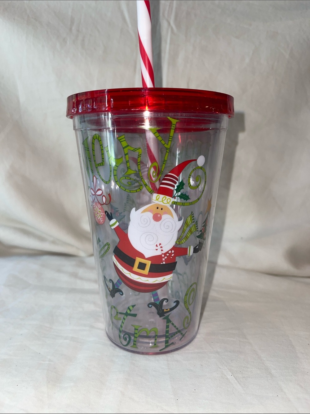 16 oz Festive Red Santa Holiday Tumbler with Candy cane stripe Straw